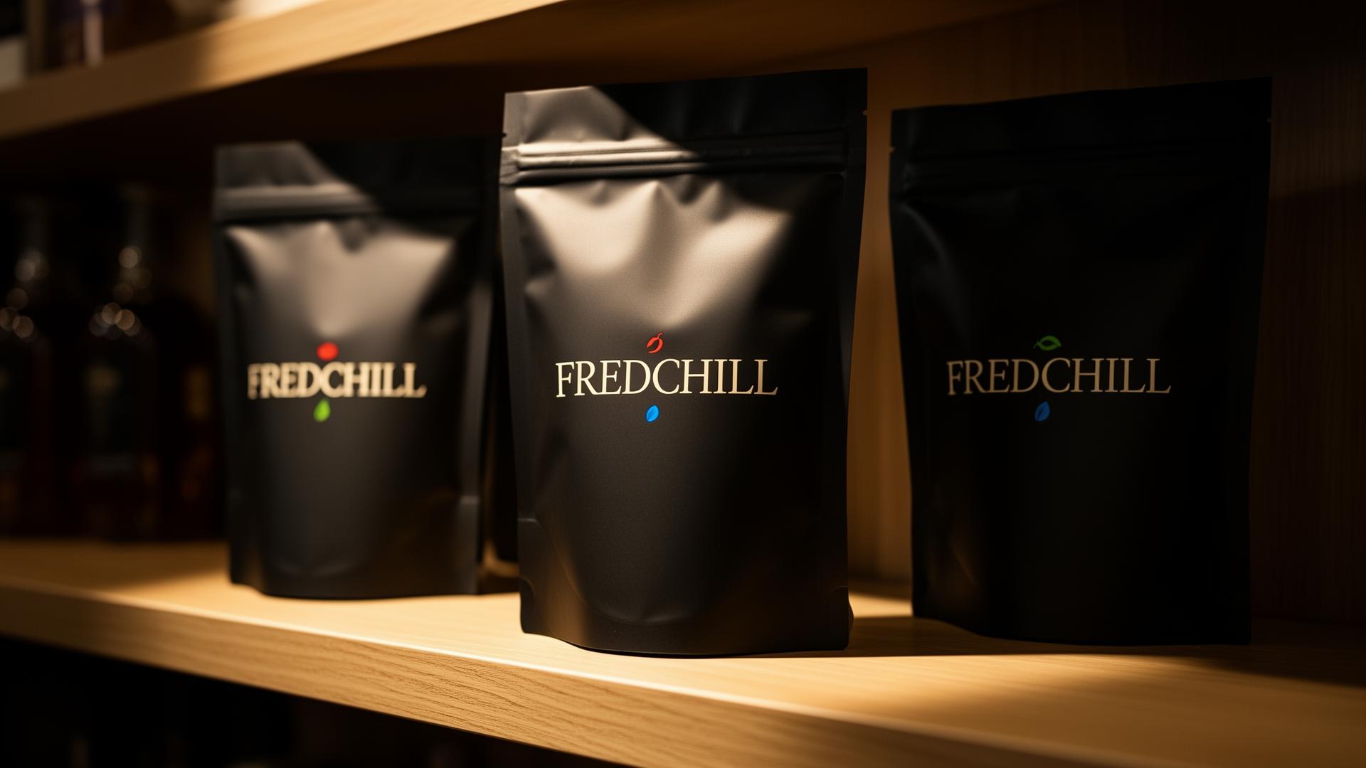 Tre FREDCHILL-påsar i närbild i premiumljus