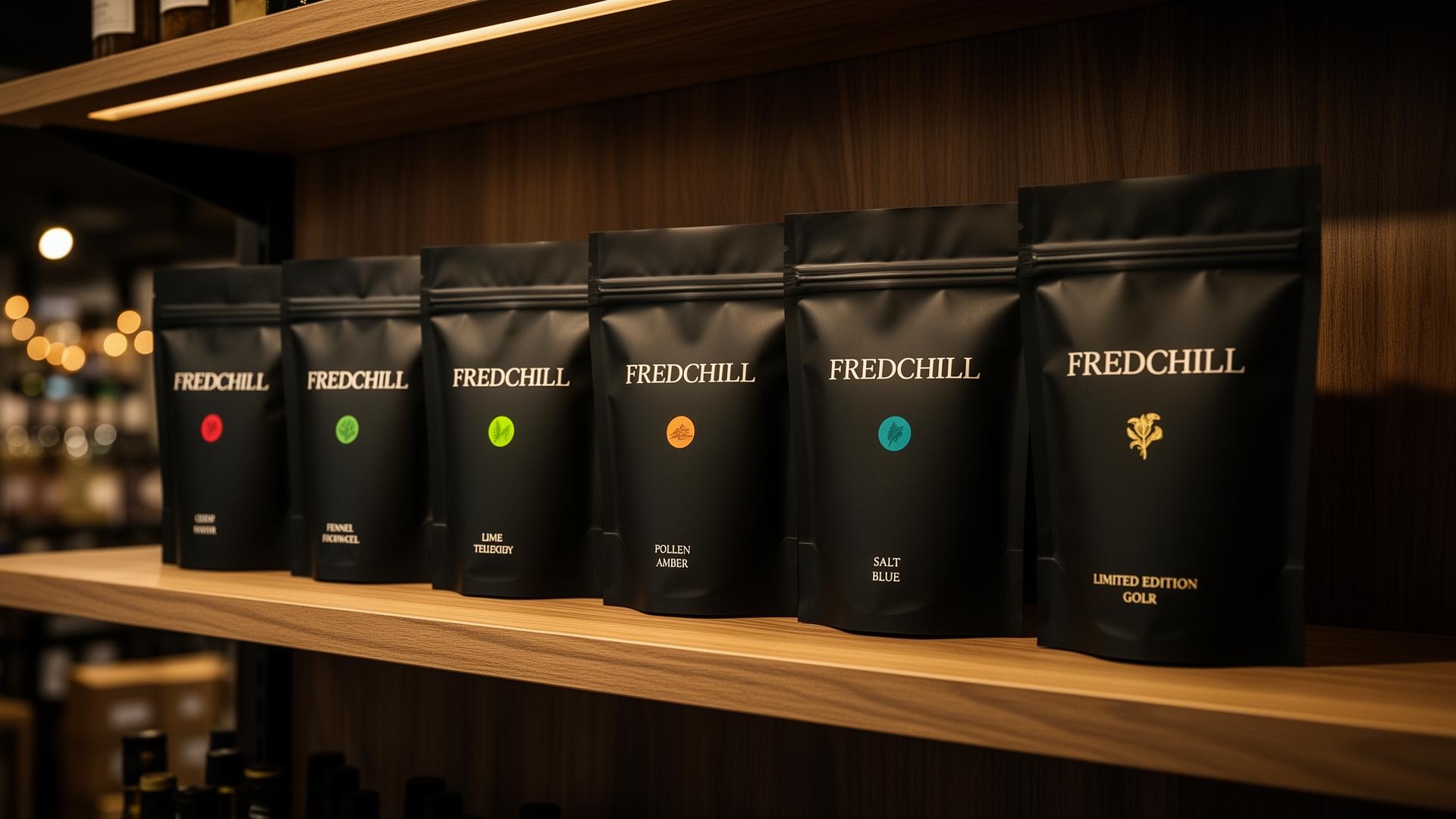 Sju FREDCHILL-påsar i premium hyllbelysning på ekhylla i en gourmetbutik