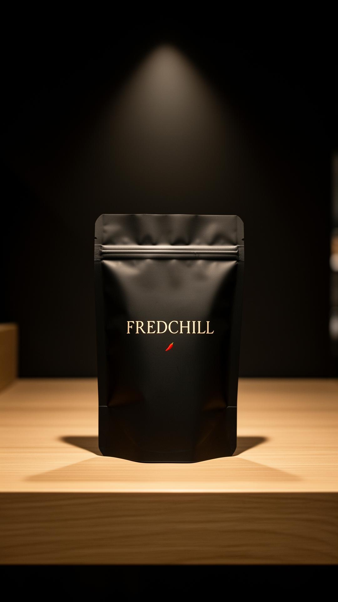 En FREDCHILL-påse ensam under en spotlight på ekhylla