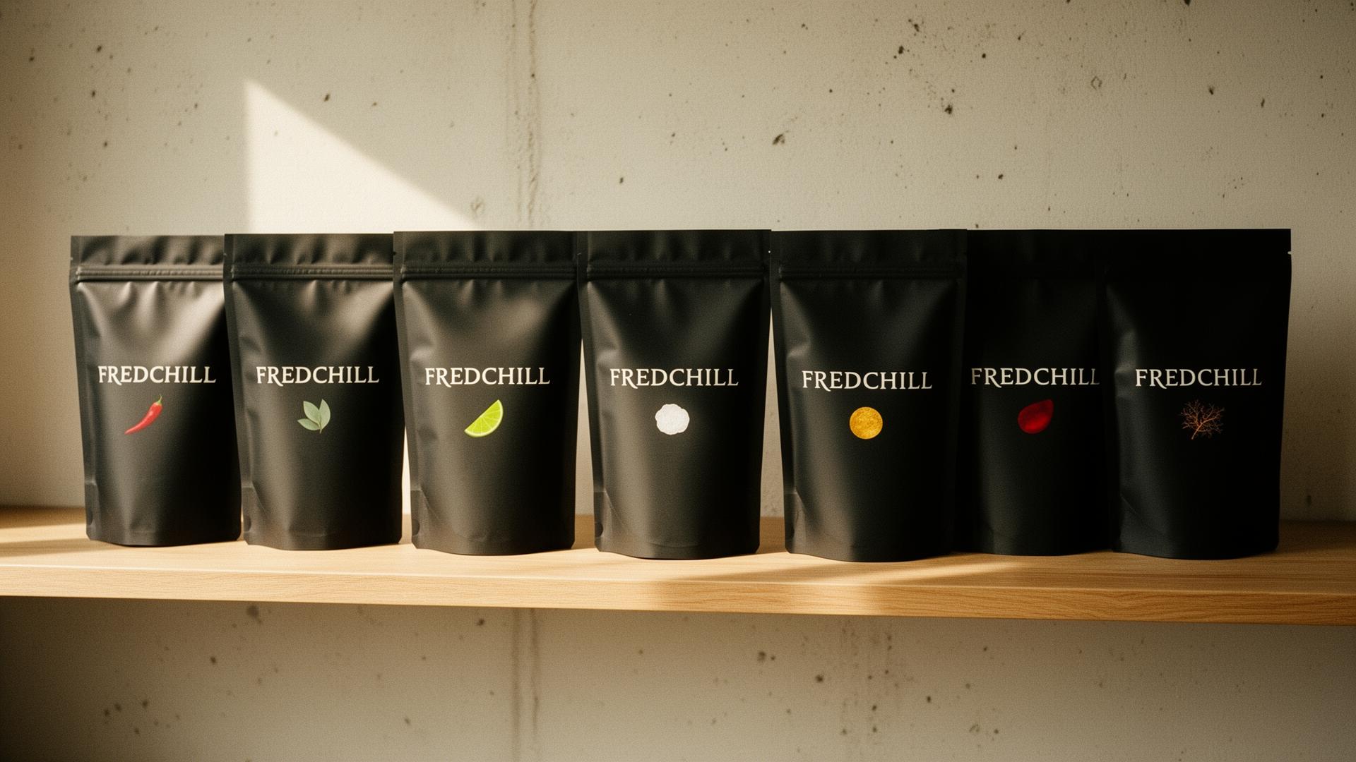 Sju FREDCHILL-påsar uppställda i rad på en ekhylla