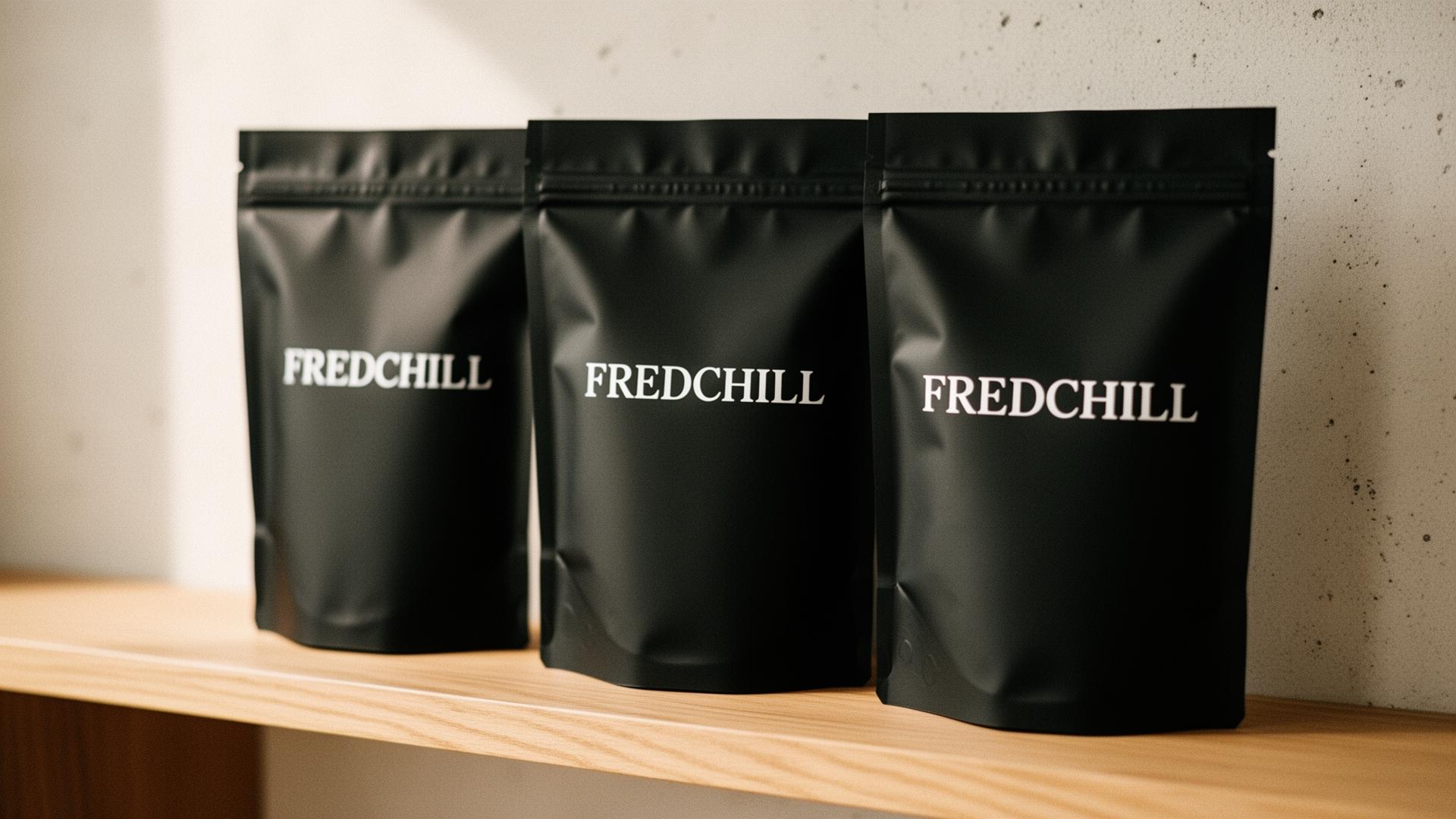 Tre FREDCHILL-påsar i närbild på ekhylla